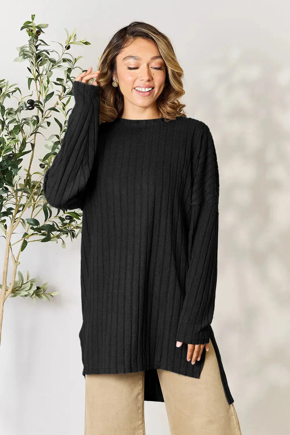 Basic Bae Full Size Ribbed Round Neck Long Sleeve Slit Top - Love Salve
